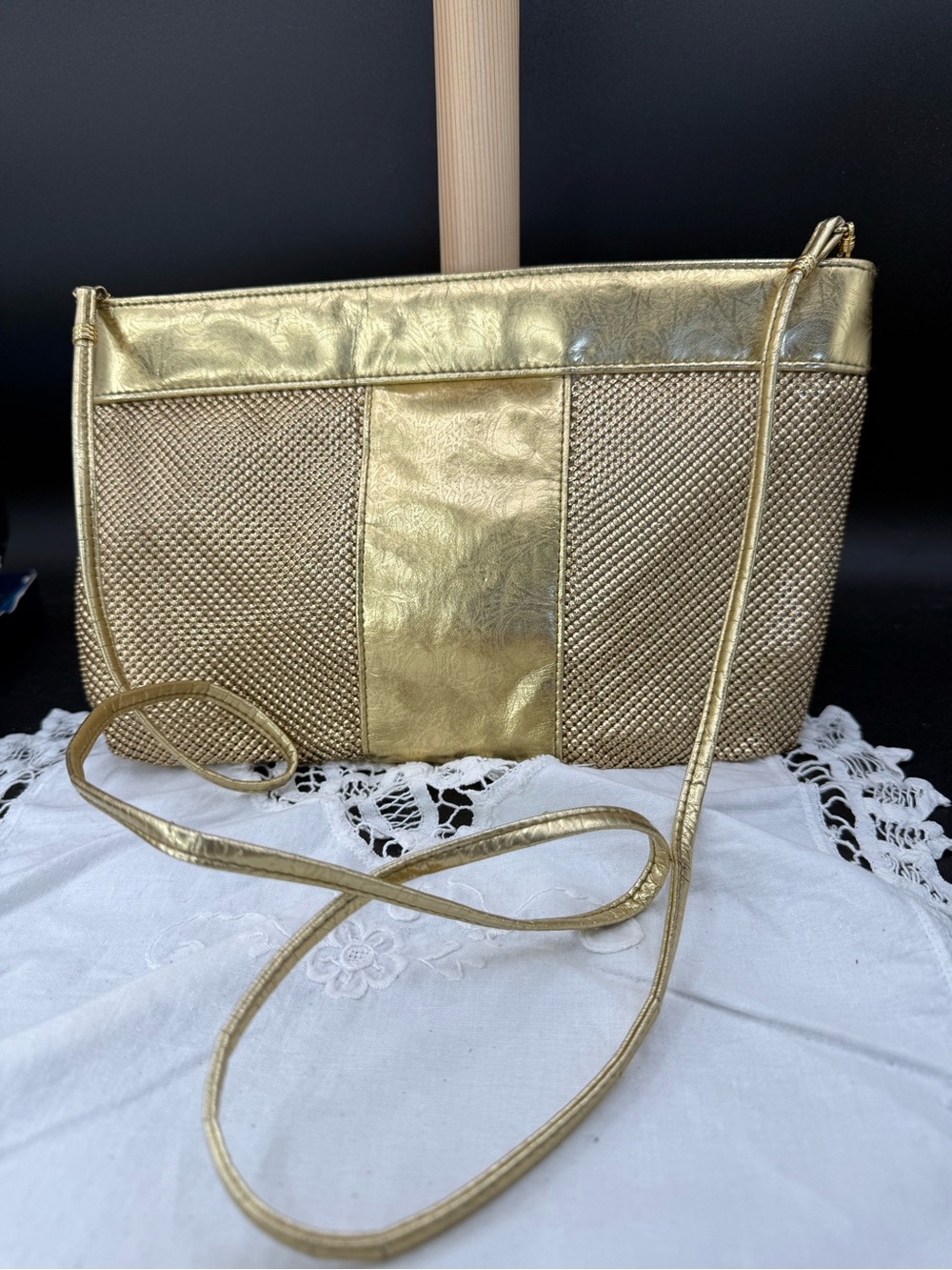 Rare Whiting & Davis Gold Metallic Faux Leather Crossbody Shoulder Bag